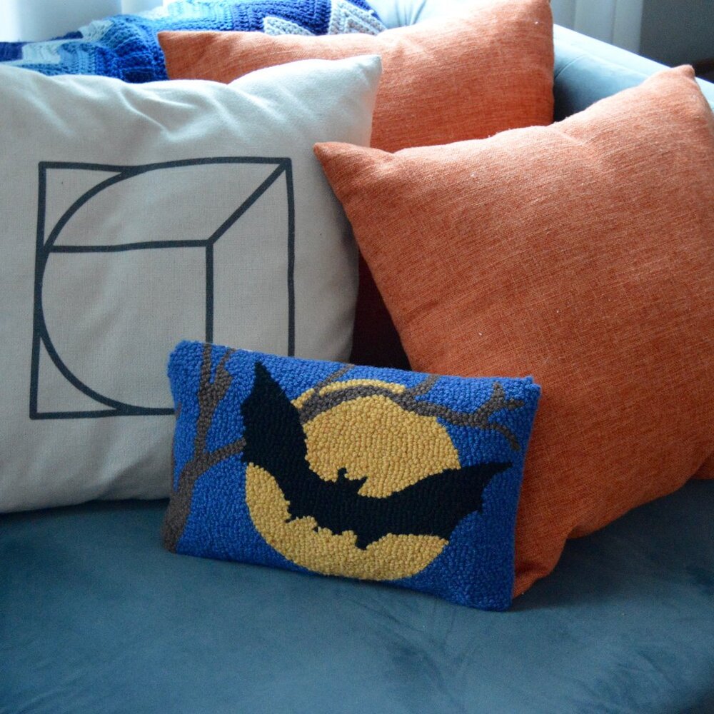 The Holiday Barn Full Moon Bat Hooked Pillow - Wool Outer 12 x 8 inches